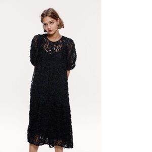 Zara Textured Sheer Midi Dress Puff Sleeve